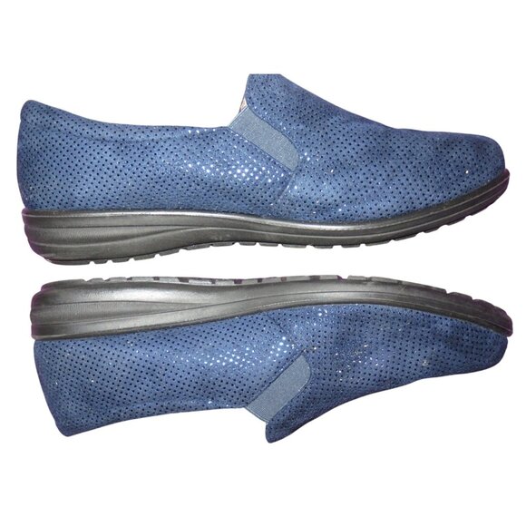 Clarks Collection Navy Blue Perforated Glitter Slip On Loafers Antifatigue - Picture 4 of 6